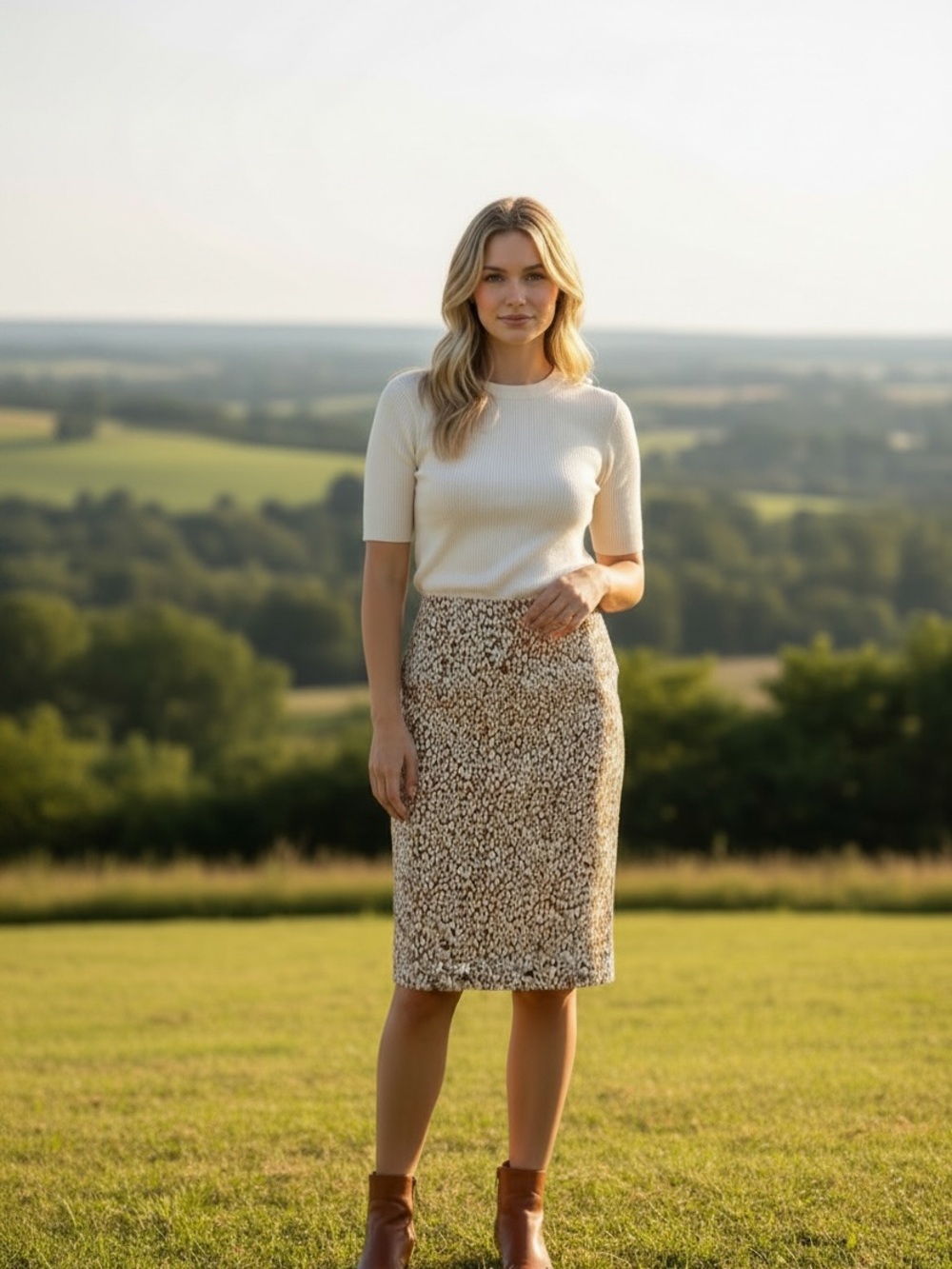 LOFT Cream‎ and Brown Printed Pencil Skirt